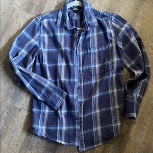 Eddie Bauer Navy, White & Gold Plaid Casual Shirt